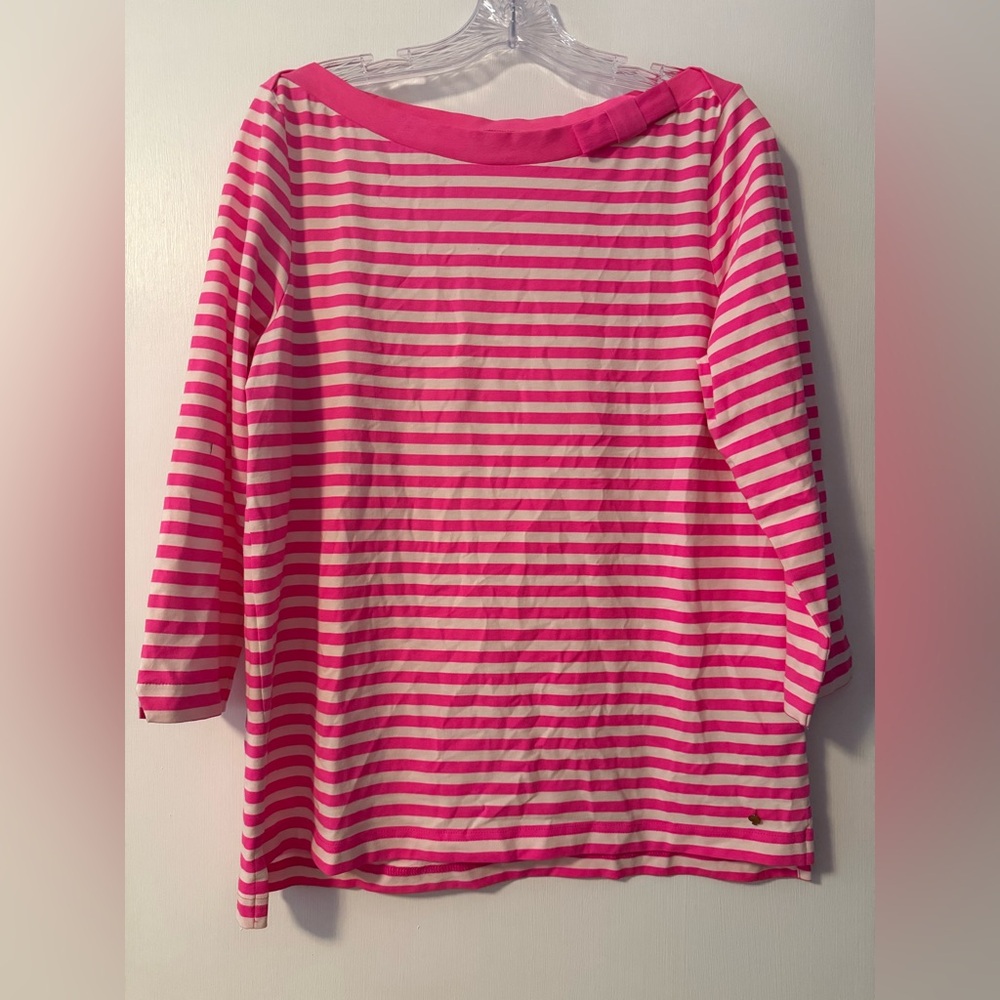 Kate Spade Bow Boatneck Pink White Striped Long 3/4 Sleeve Top Preppy Nautical